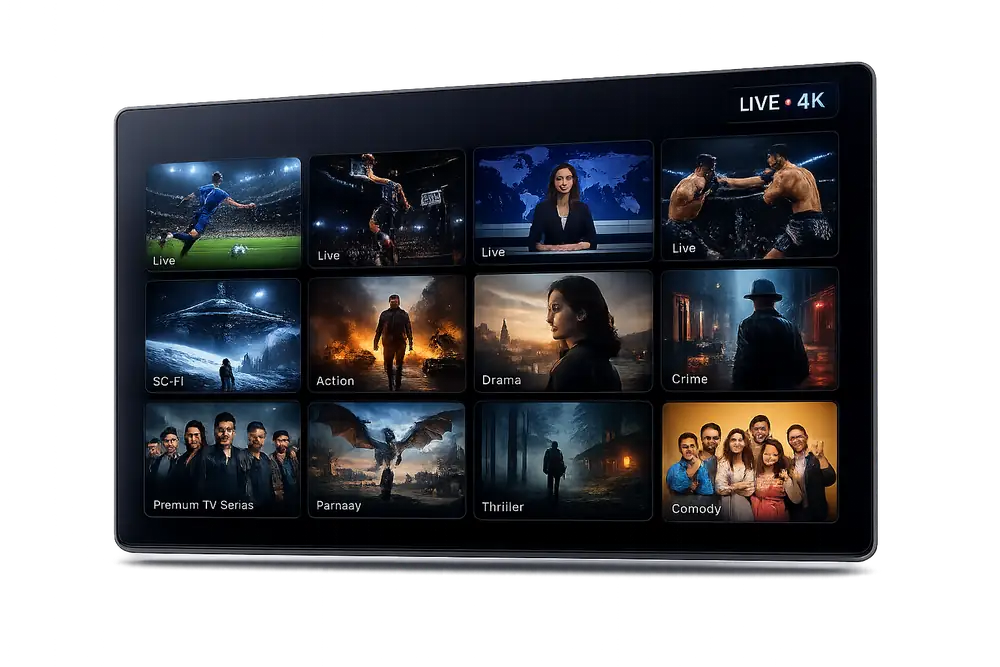 Watch live TV, sports, and movies in 4K with SolTeca IPTV SolTeca IPTV IPTV interface showing live sports, news, and 4K movie channels on a Smart TV